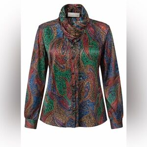 Vintage 1980s Retro Paisley Button-Up Blouse – Size 8